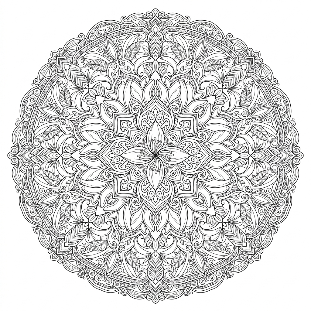 Detailed mandala coloring page for adults with concentric floral petals and symmetrical patterns