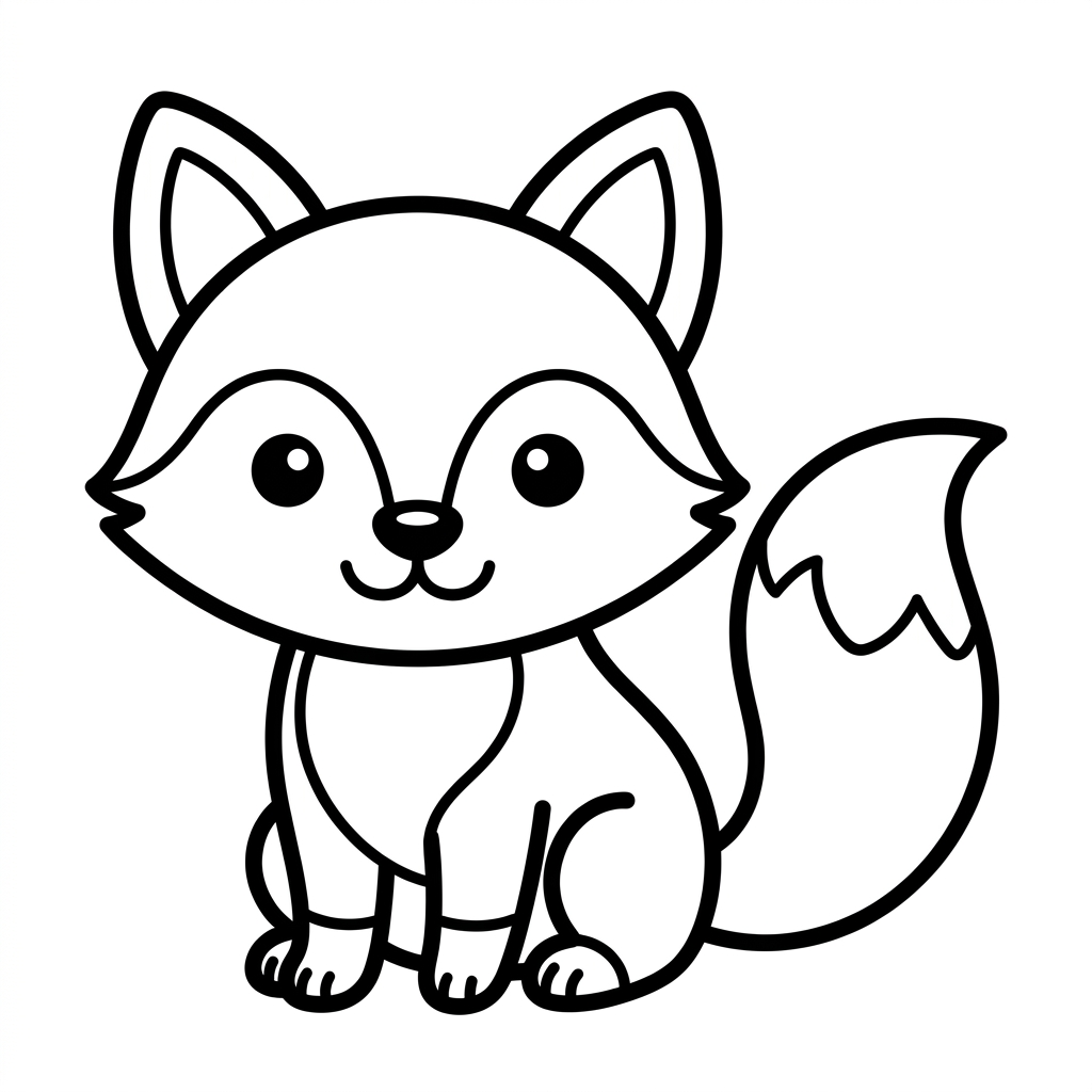 Cute fox coloring page with a sitting fox and a large curled tail