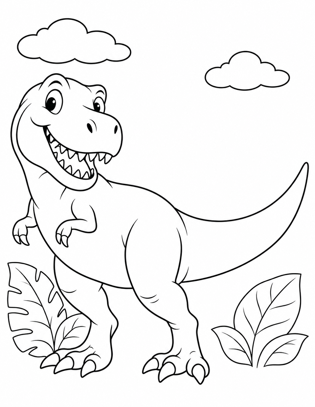 T. Rex dinosaur coloring page with a smiling dinosaur standing among rocks and leaves