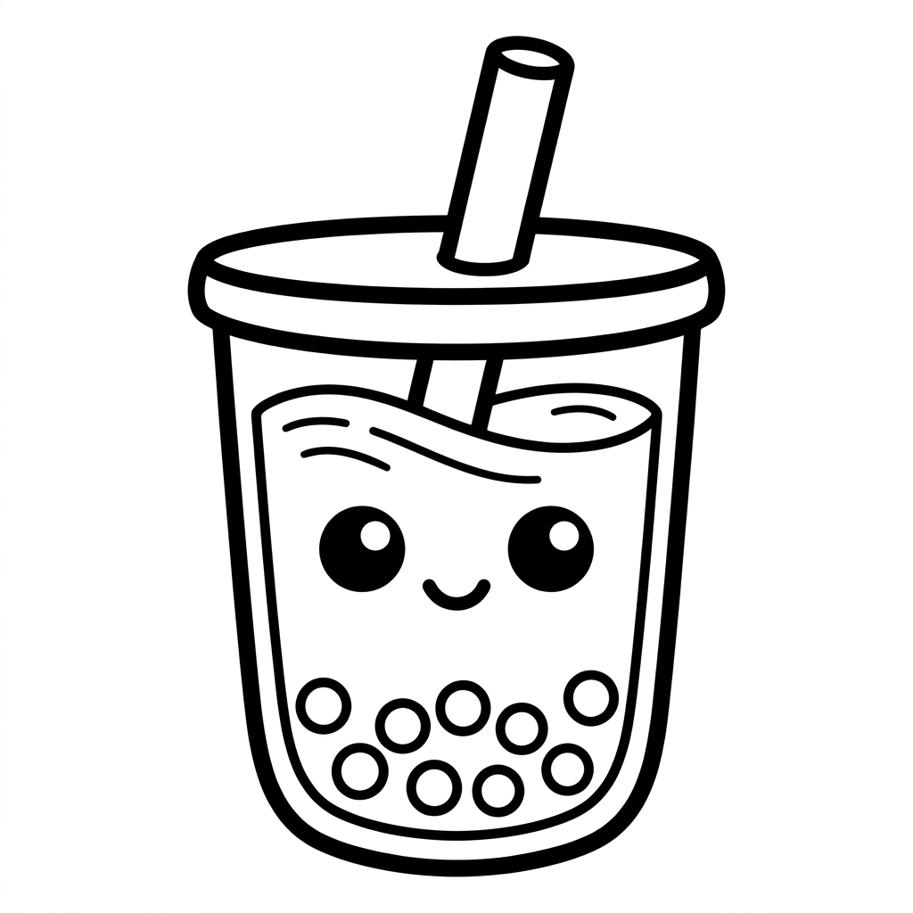 Kawaii boba tea coloring page with a smiling bubble tea cup, straw and tapioca pearls