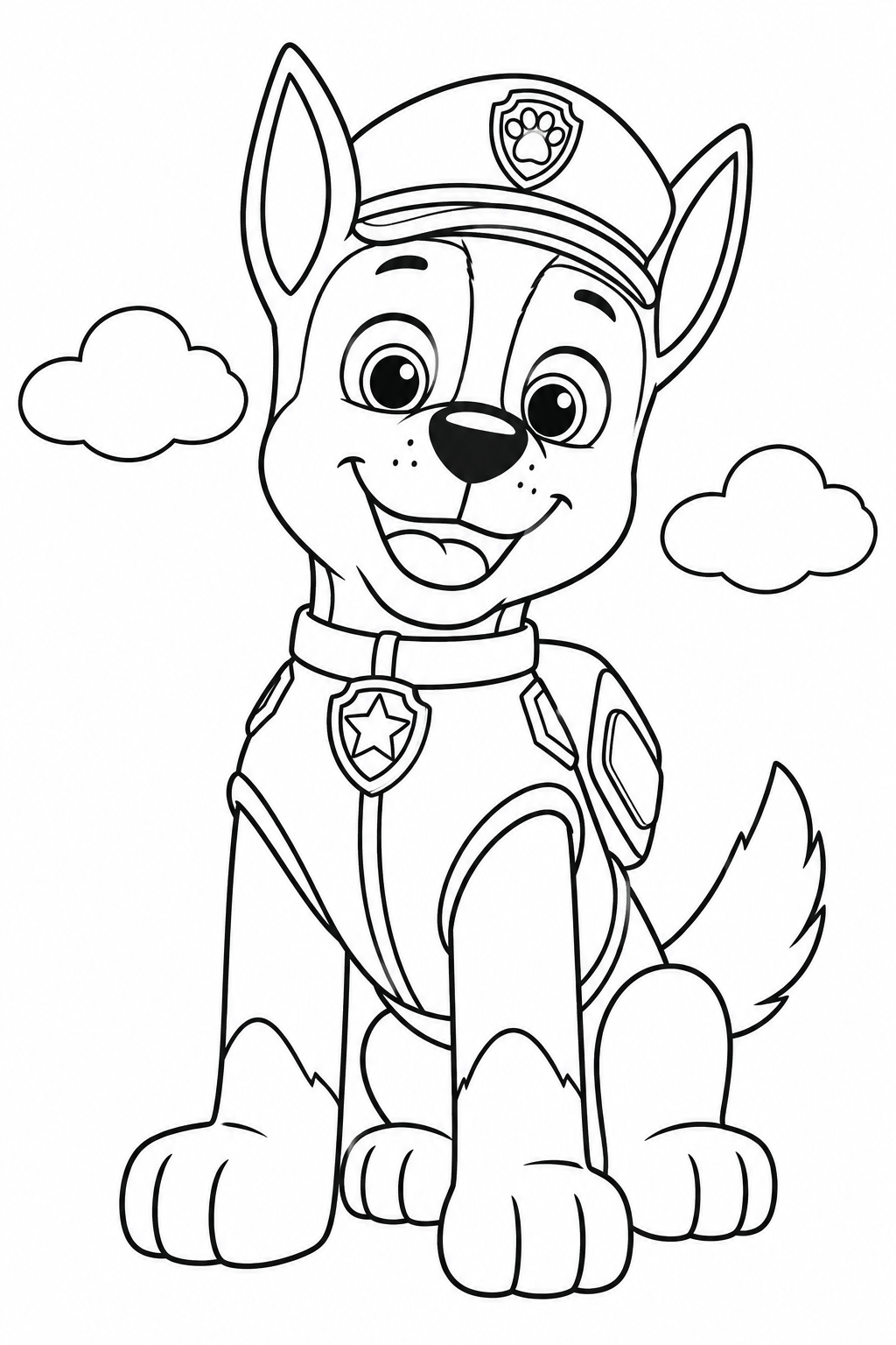 Paw Patrol Chase coloring page with the police pup sitting in uniform beneath fluffy clouds