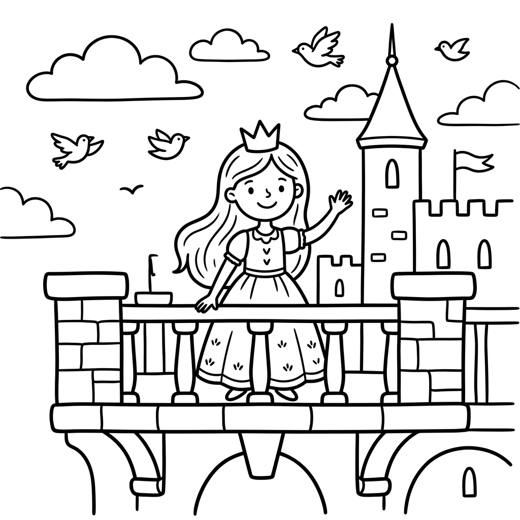 Princess coloring page with a crowned princess on a castle balcony and birds overhead