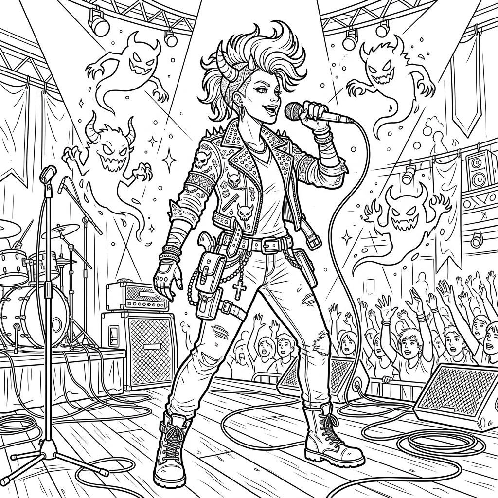 K-pop demon hunter coloring page with a singer holding a microphone on an ornate concert stage