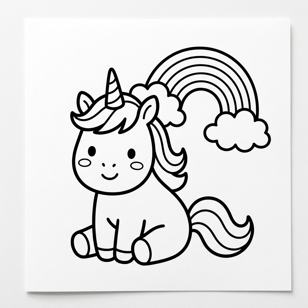 Baby unicorn coloring page with a sitting unicorn beneath a rainbow and fluffy clouds