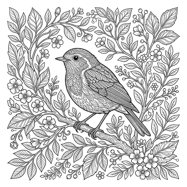 Detailed bird coloring page for adults with a songbird surrounded by leaves and flowers