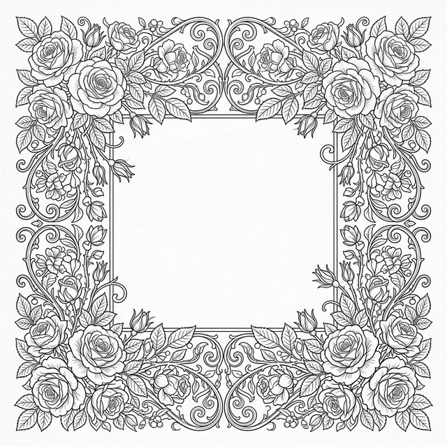 Botanical coloring page for adults with roses and curling leaves around a rectangular frame