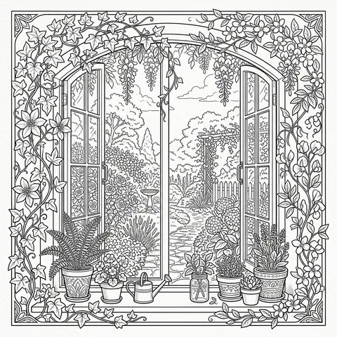 Botanical window coloring page for adults with open shutters, potted plants and garden foliage