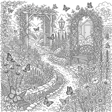 Butterfly garden coloring page for adults with a winding path, flowers and a garden gate