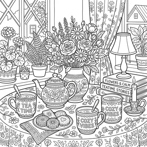 Detailed tea corner coloring page with a teapot, mugs, cookies, flowers and stacked books