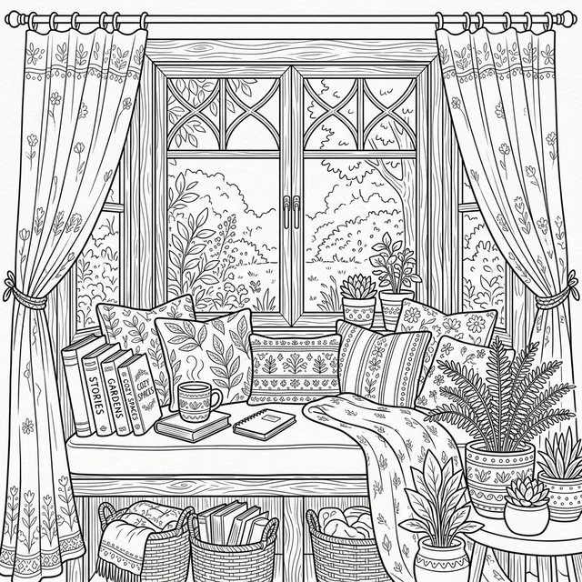 Cozy window seat coloring page with cushions, a blanket, books and houseplants