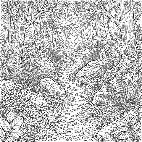 Forest coloring page for adults with a winding path among ferns, flowers and arching trees