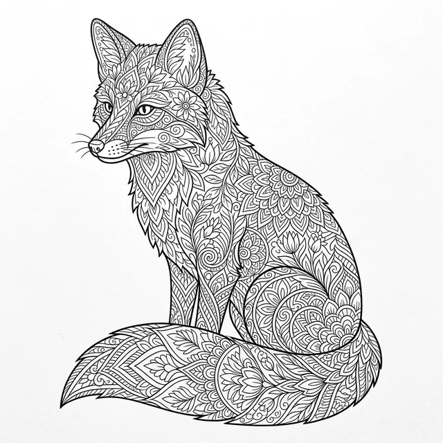 Detailed fox coloring page for adults with a sitting fox filled with leaf and floral patterns