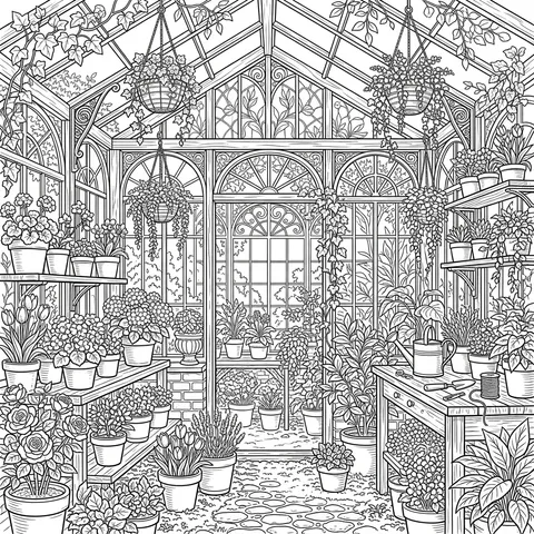 Greenhouse coloring page for adults with hanging baskets, potted flowers and glass roof panels
