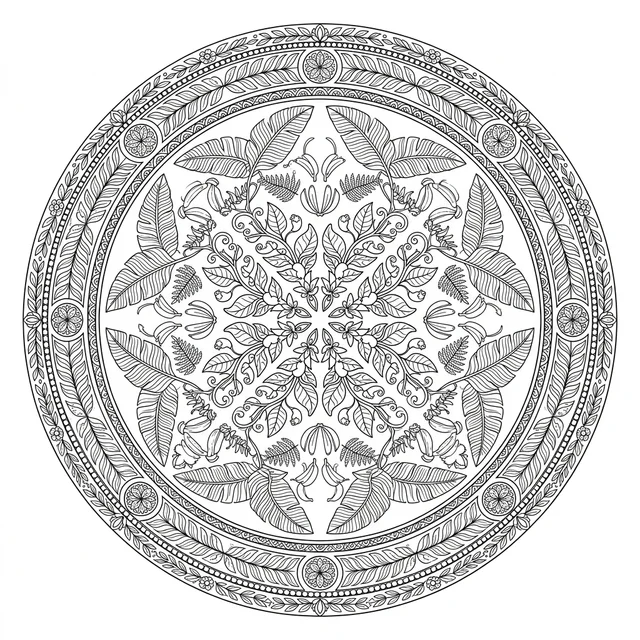 Leaf mandala coloring page for adults with repeating botanical shapes inside circular rings