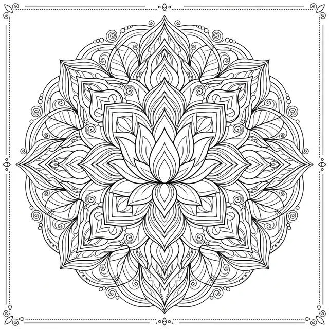 Lotus mandala coloring page for adults with layered petals and symmetrical leaf patterns