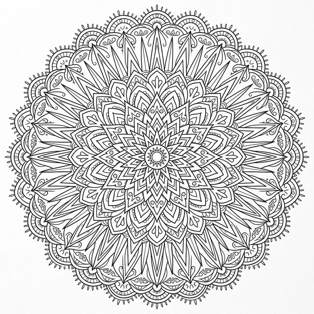 Sunburst mandala coloring page for adults with radiating geometric petals and scalloped edges