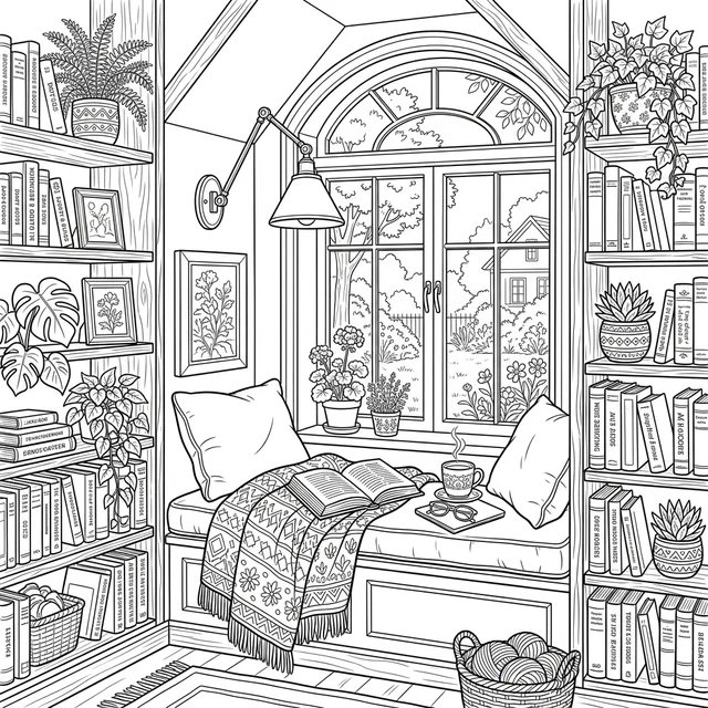 Cozy reading nook coloring page with a cushioned window seat surrounded by bookshelves