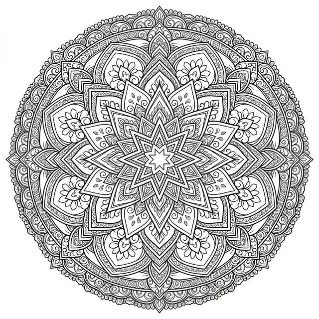 Star mandala coloring page for adults with a central star and layered geometric petals