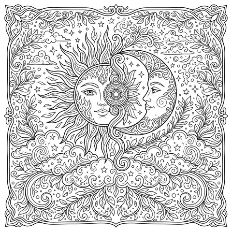 Sun and moon coloring page for adults with celestial faces, stars and swirling clouds