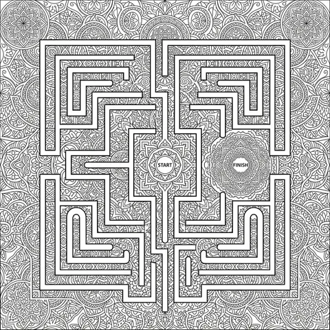 Geometric labyrinth coloring page for adults with angular paths and intricate patterned tiles