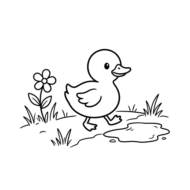 Baby duckling coloring page with a duck walking beside a puddle and flower
