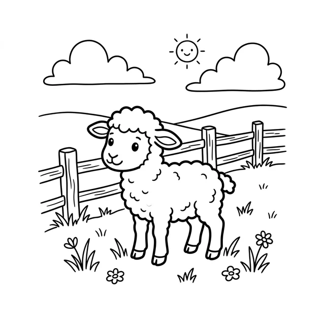 Baby lamb coloring page with a lamb standing by a farm fence