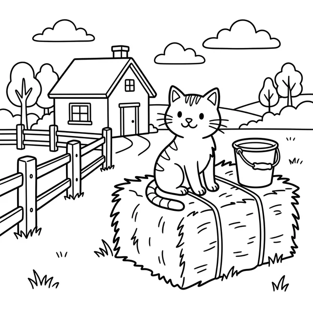 Farm cat coloring page with a cat on a hay bale beside a bucket and farmhouse