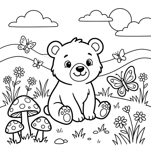 Bear cub coloring page with a smiling bear among flowers, mushrooms and butterflies