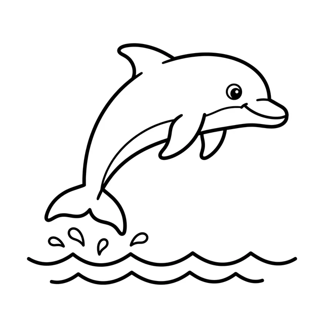 Dolphin coloring page with a dolphin jumping above ocean waves