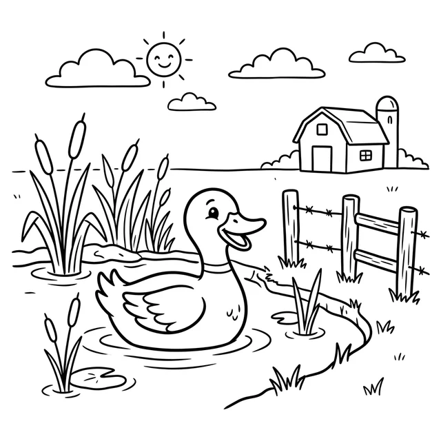 Farm duck coloring page with a duck swimming in a pond beside reeds and a fence