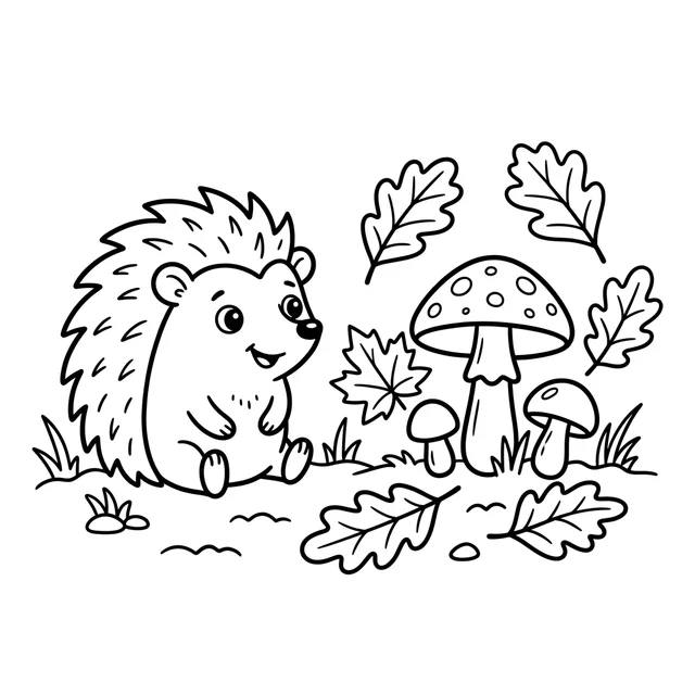 Hedgehog coloring page with a smiling hedgehog beside mushrooms and fallen leaves