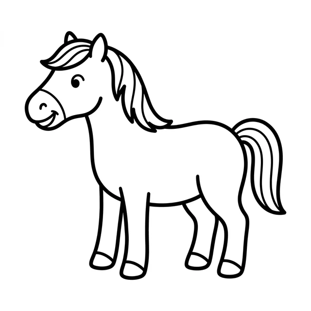 Easy horse coloring page with a standing horse and flowing mane and tail