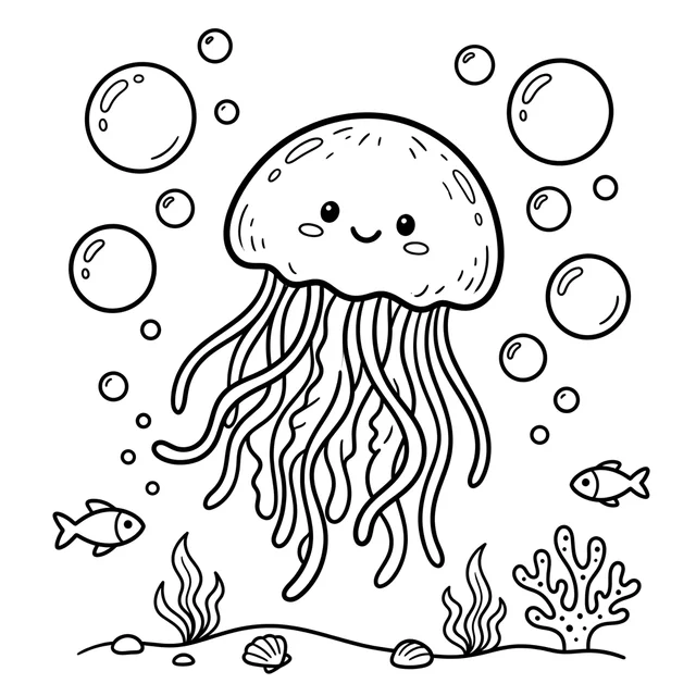 Jellyfish coloring page with a smiling jellyfish, bubbles, fish and coral