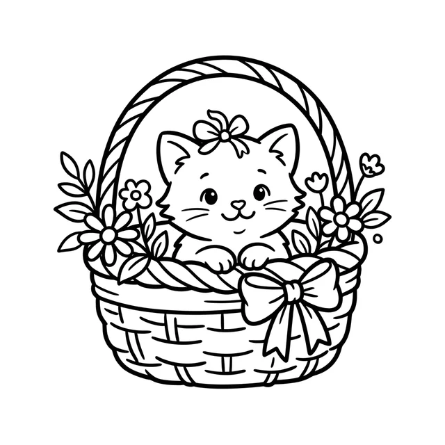 Kitten coloring page with a bow-wearing kitten in a flower-filled basket