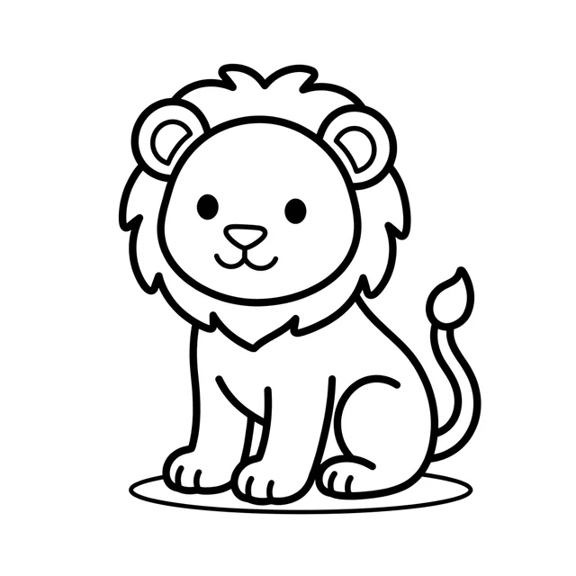 Cute lion cub coloring page with a sitting lion, round mane and curled tail