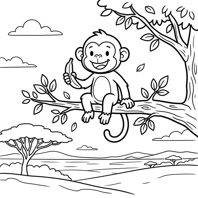 Safari monkey coloring page with a monkey sitting on a tree branch above the savanna
