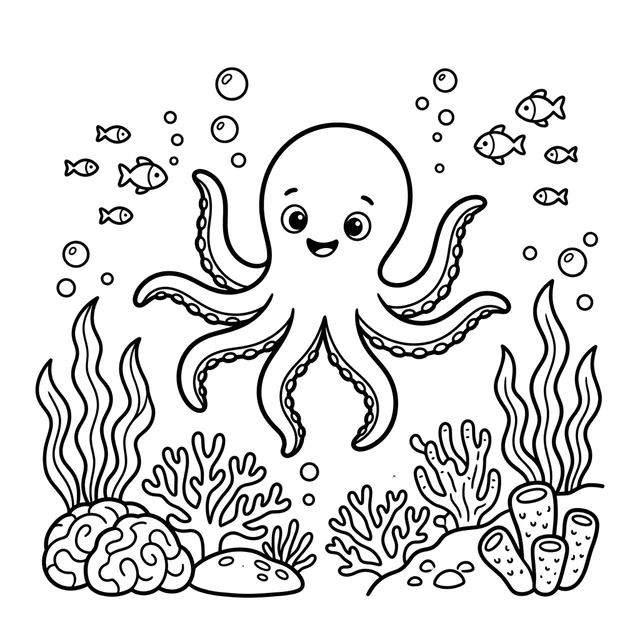 Octopus coloring page with a smiling octopus among coral, fish and bubbles