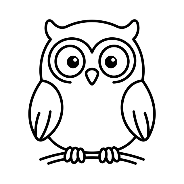 Easy owl coloring page with a wide-eyed owl perched on a branch