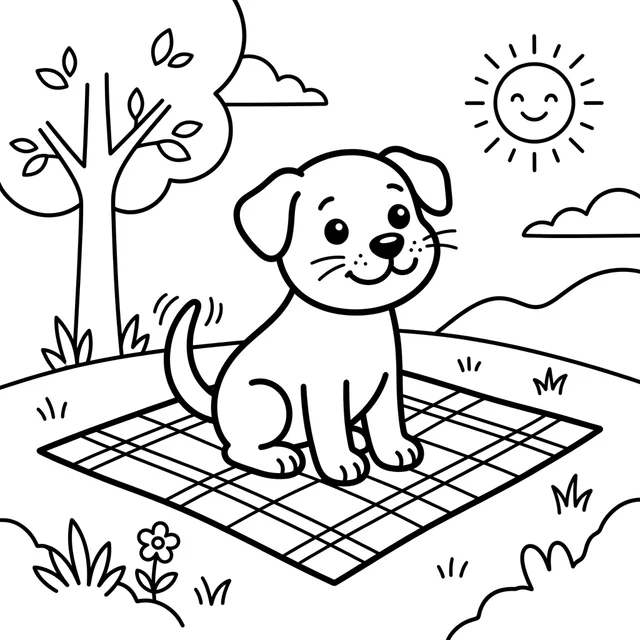 Puppy coloring page with a smiling puppy sitting on a picnic blanket outdoors