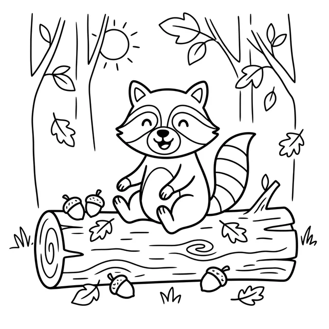 Woodland raccoon coloring page with a raccoon sitting on a fallen log