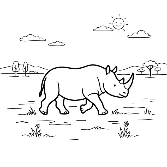 Rhinoceros coloring page with a rhino walking across a grassy savanna