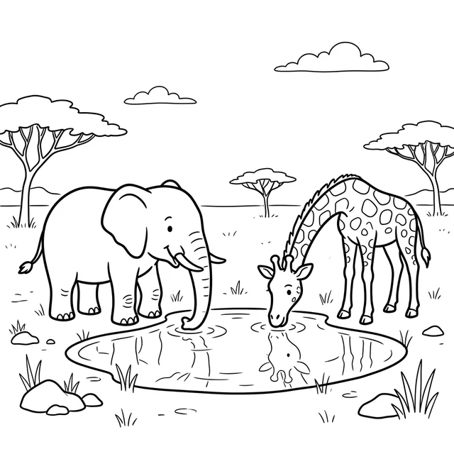 Safari animal coloring page with an elephant and giraffe at a watering hole