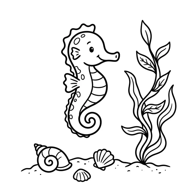 Seahorse coloring page with a seahorse beside seaweed and seashells