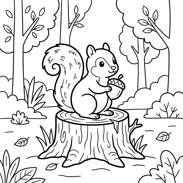 Squirrel coloring page with a squirrel holding an acorn on a woodland tree stump