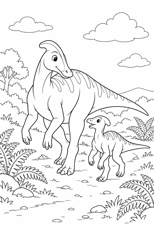 A mother duck-billed dinosaur and her baby follow a leafy trail. Black-and-white dinosaur coloring page.