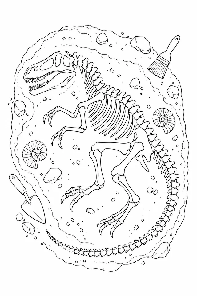 A dinosaur skeleton is uncovered beside a brush, a trowel and small fossils. Black-and-white dinosaur coloring page.