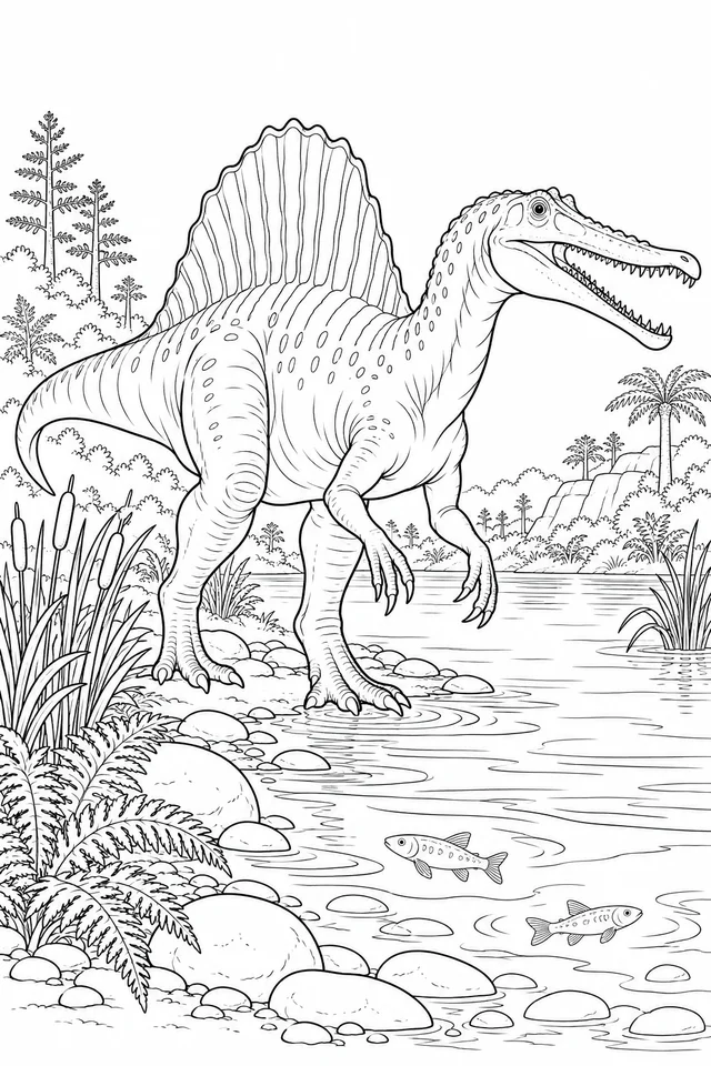 A sail-backed Spinosaurus stands beside a river with reeds and fish. Black-and-white dinosaur coloring page.