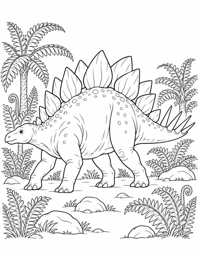 A Stegosaurus with large back plates walks among ferns and rocks. Black-and-white dinosaur coloring page.