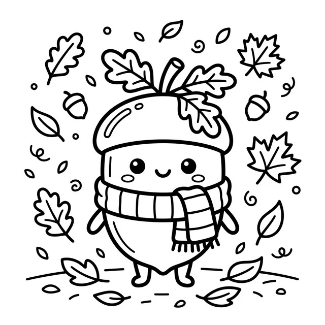 Kawaii autumn coloring page with a smiling acorn wearing a scarf among falling leaves