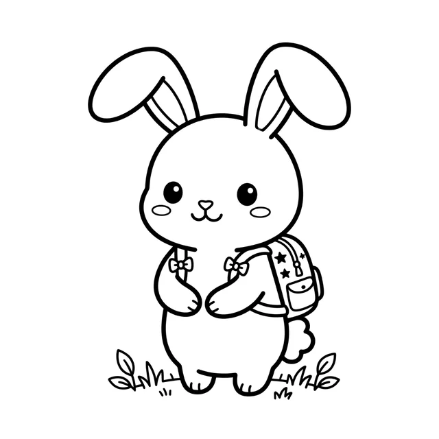 Kawaii bunny coloring page with a smiling rabbit wearing a small backpack